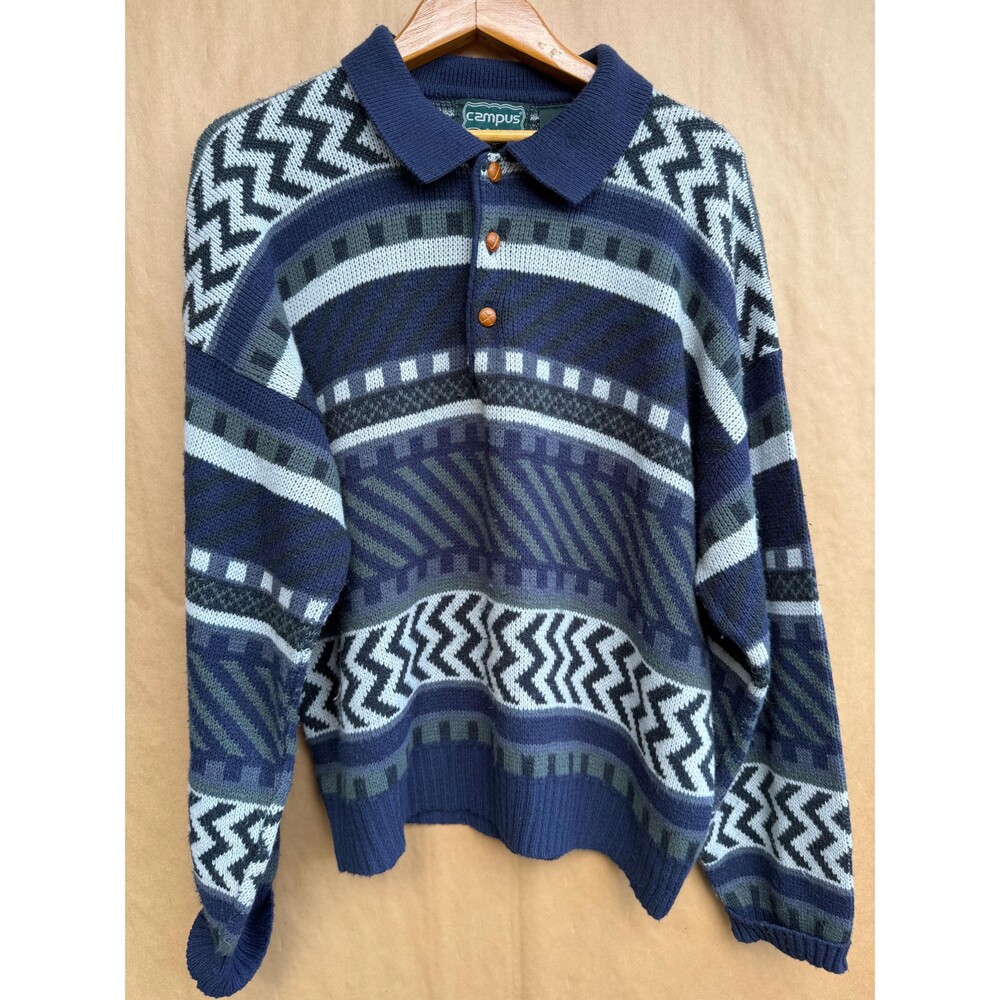 Vintage 90s Campus Abstract Geometric Knit Polo Sweater - Size Large - Navy Blue